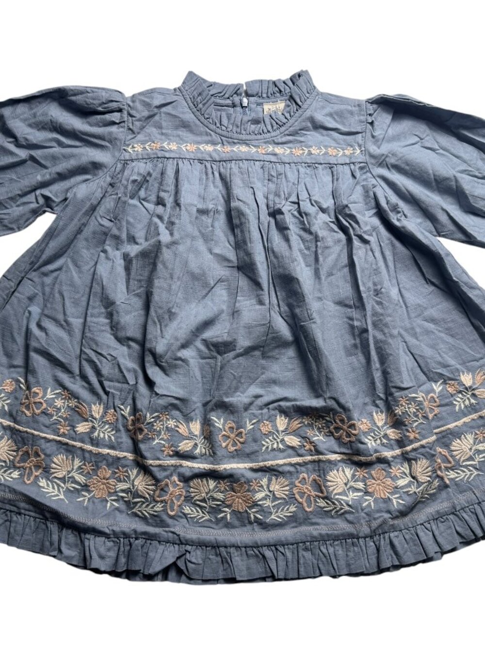 Apolina Girls 5-7Y Blue Floral Embroidered Smocked Puff Sleeve Boho Dress